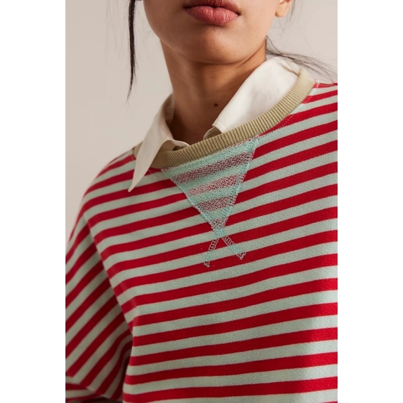 New! FP We The Free Classic Striped Oversized Crewneck in Cherry Combo - Picture 3 of 12